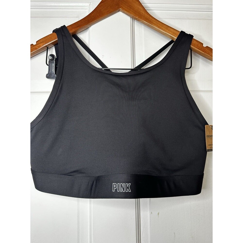 PINK Black XL Sports Bra Lightly Lined Crossback Pullover Logo Wireless